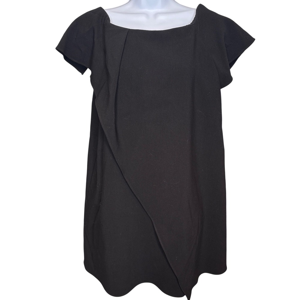 Halston Heritage Black Cap Sleeve Draped Sheath Dress Size 0 LBD Minimalist